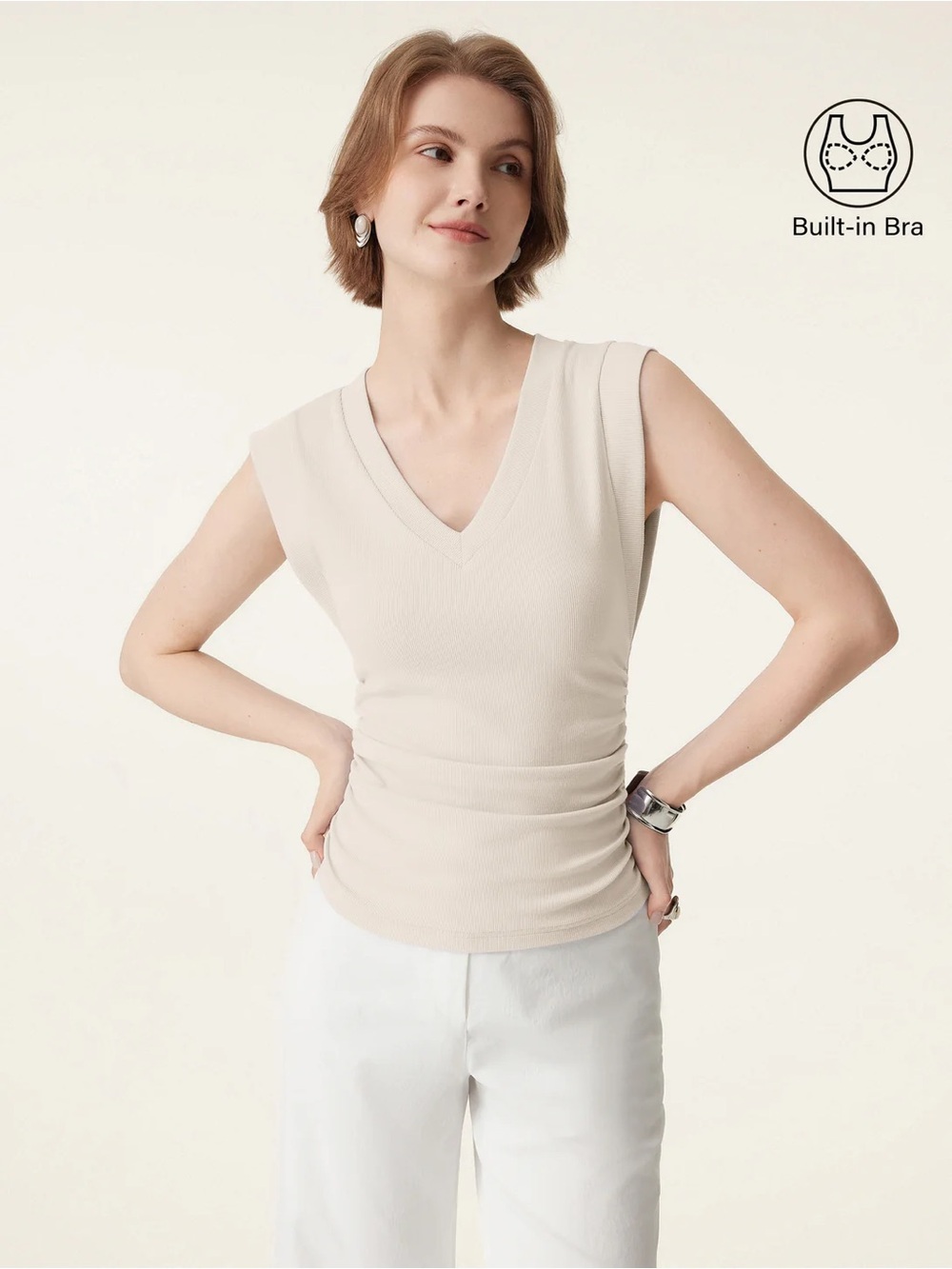 OGL Gardenia Stretch Cotton V-neck Side Ruched Muscle Bra Top Size Large